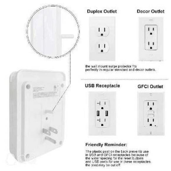 Surge Protector, USB Wall Charger with 2 USB Charging Ports(Smart 2.4A Total) - Picture 6 of 8